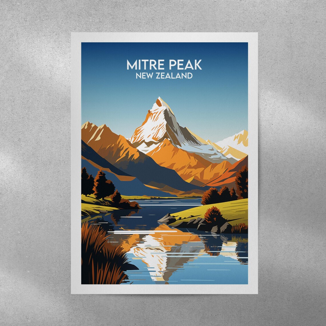Mitre Peak New Zealand Golden Mountain Lake Reflection Poster - Image 4