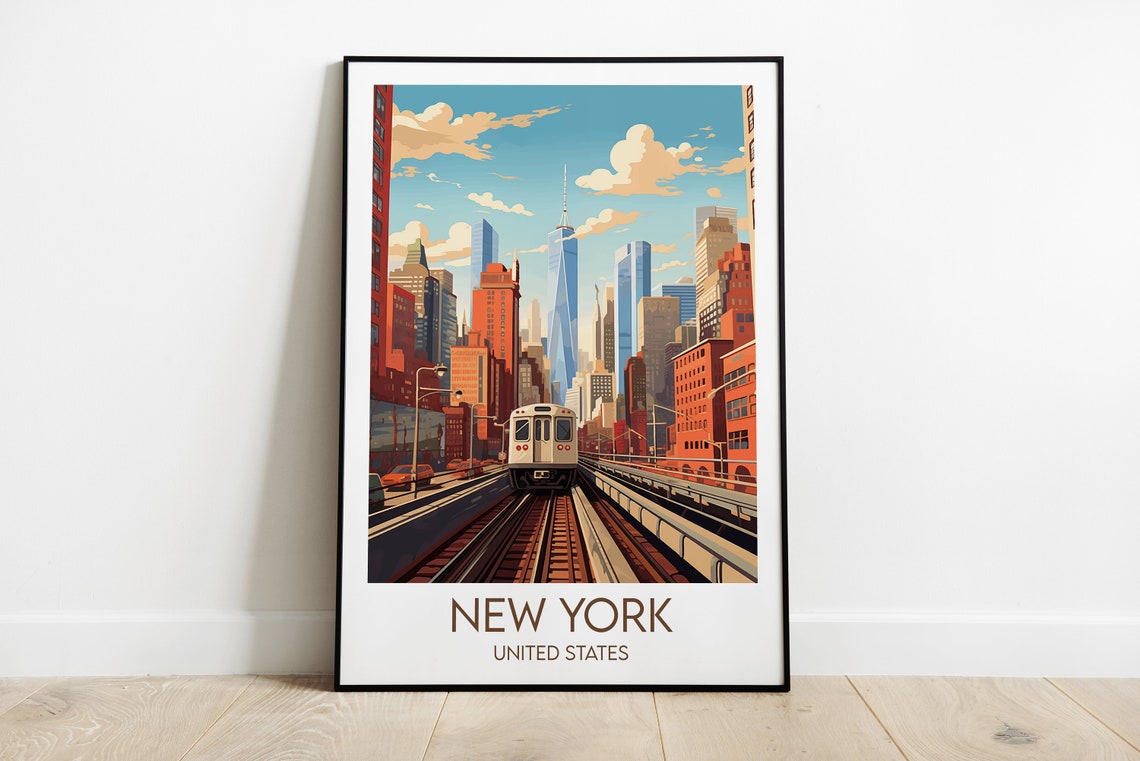 New York City Elevated Subway Train Skyline Retro Travel Poster