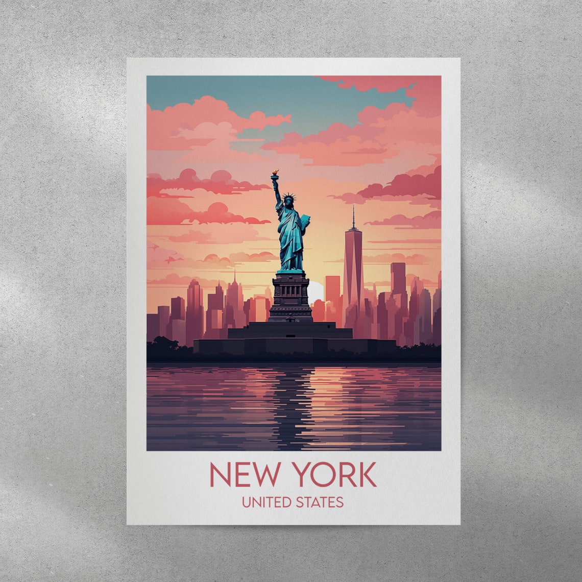 New York Lady Liberty Sunset Reflection Manhattan Travel Poster - Image 3