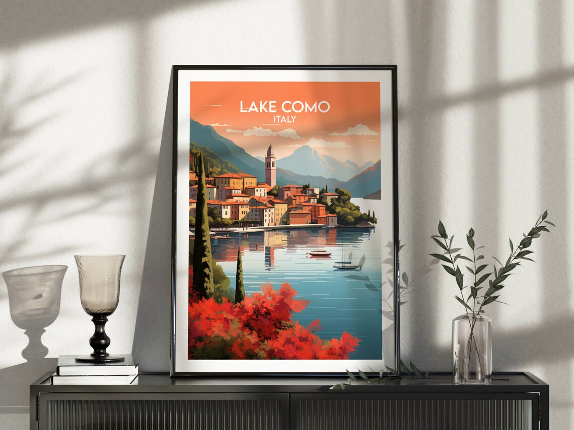Lake Como Italy Lakeside Village Sunset Boats Vintage Travel Poster - Image 3
