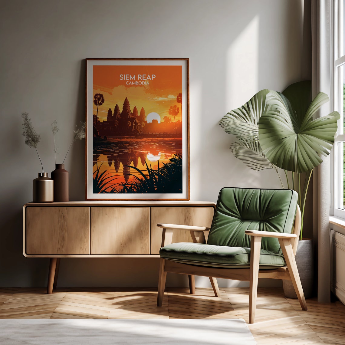 Siem Reap Cambodia Angkor Wat Sunset Temple Reflection Travel Poster - Image 2