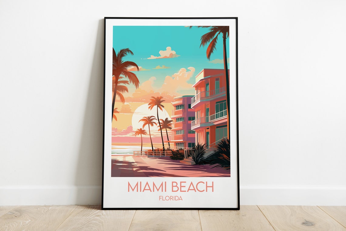 Miami Beach Florida Art Deco Sunset Beach Retro Travel Poster