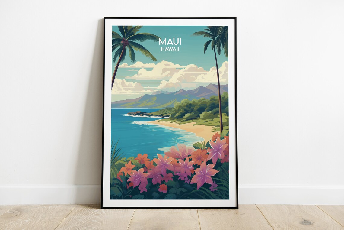 Maui Hawaii Tropical Beach Palm Trees Floral Cove Travel Poster