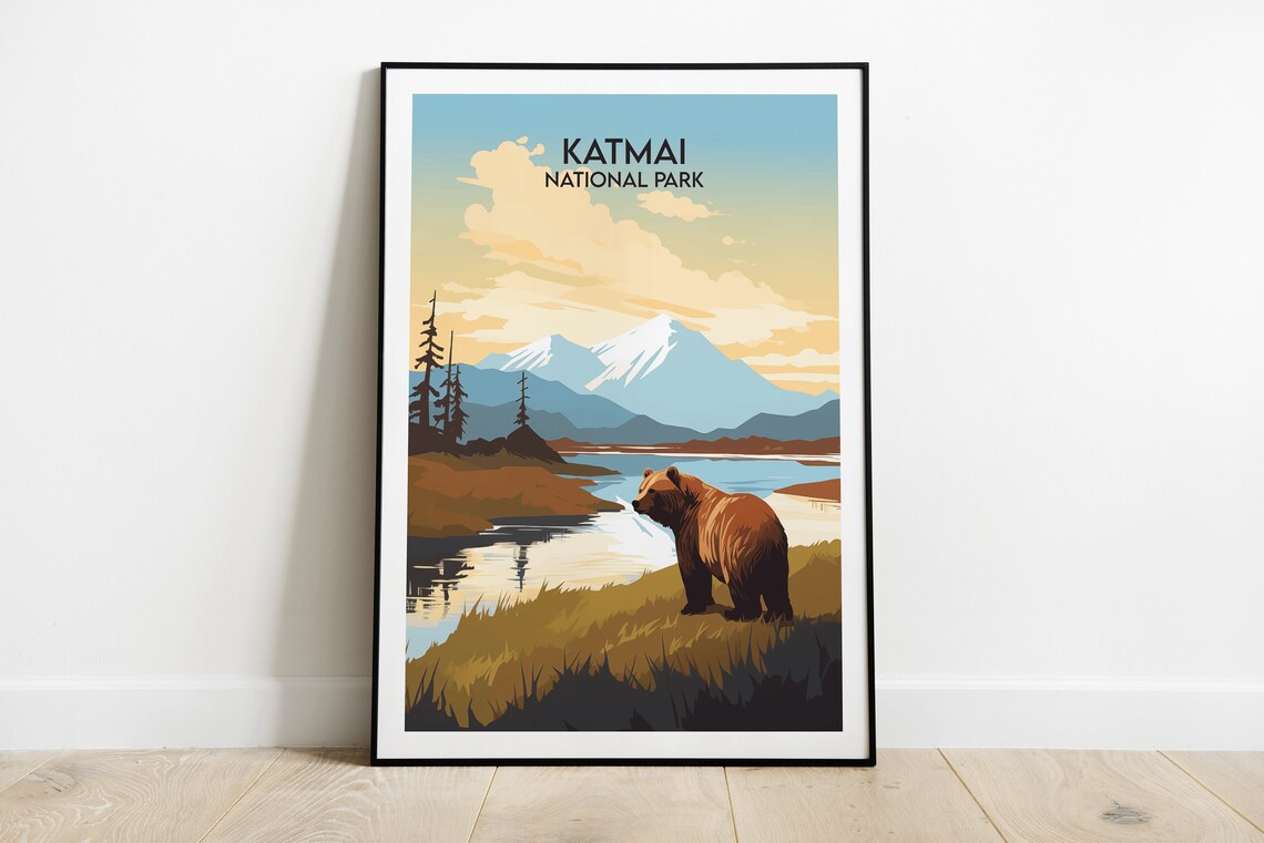 Katmai National Park Alaska Brown Bear River Valley Travel Poster