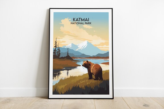 Katmai National Park Alaska Brown Bear River Valley Travel Poster