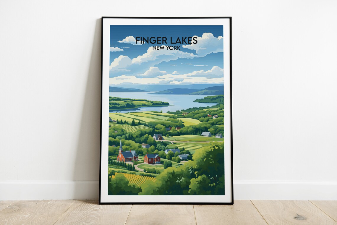 Finger Lakes New York Vineyard Hills Lake Vintage Travel Poster
