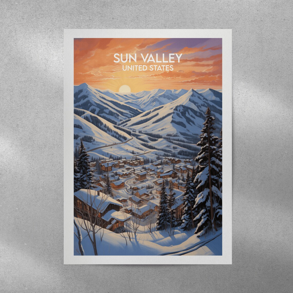 Sun Valley United States Mountain Sunset Ski Village Travel Poster - Image 4