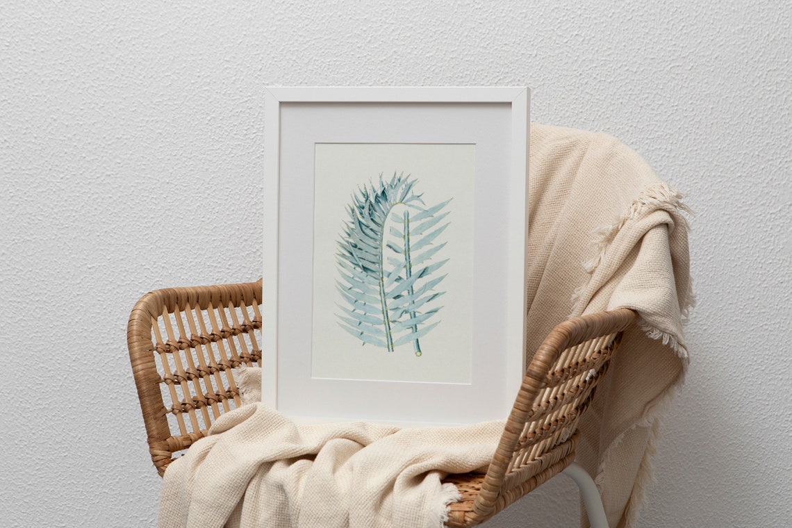 Delicate Blue Fern Frond Botanical Watercolor Minimal Wall Art