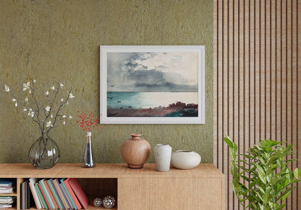 Moody Grey Coastal Watercolor Sea Birds Stormy Sky Minimalist Seascape Poster - Image 2