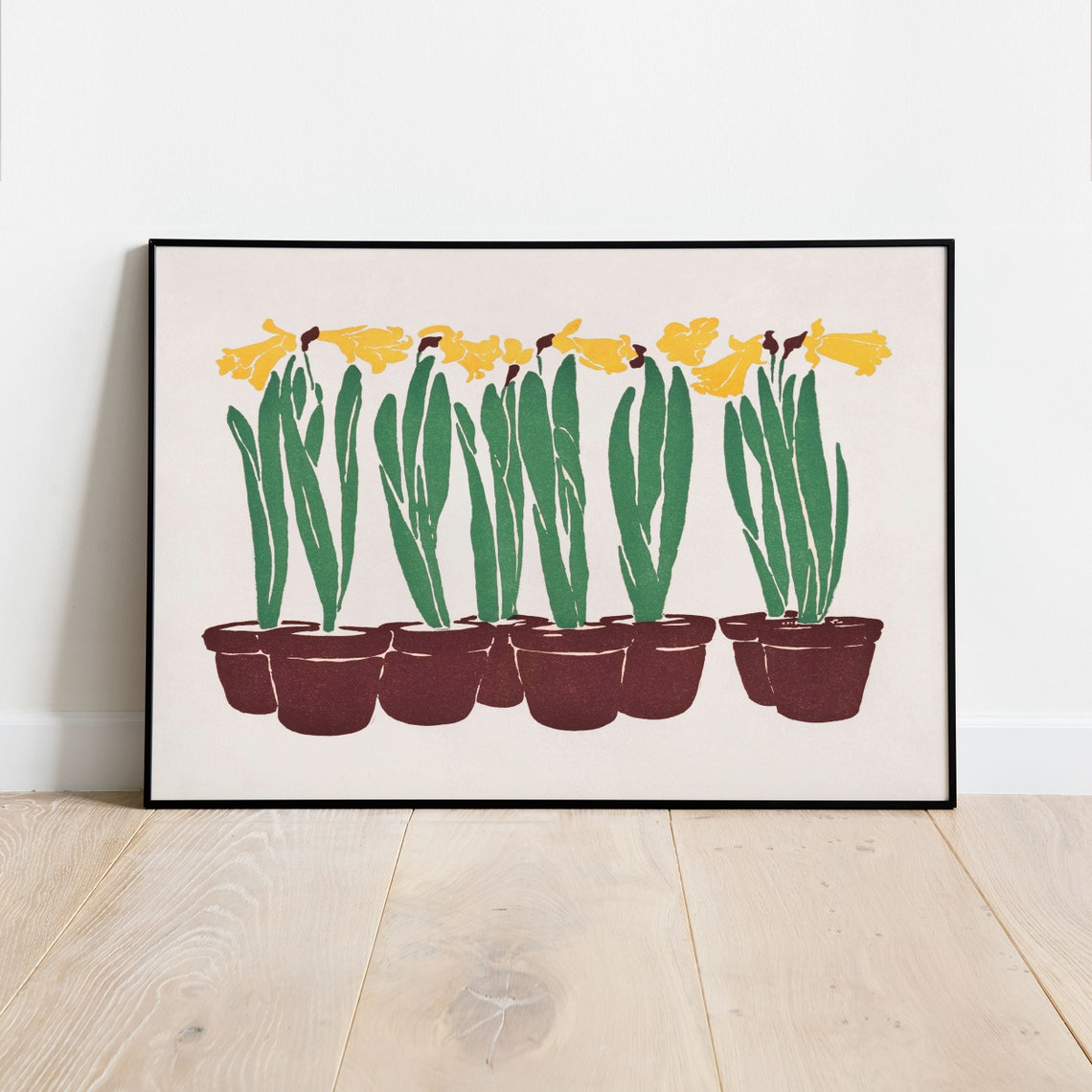 Bright Yellow Daffodils in Terracotta Pots Spring Floral Art Print