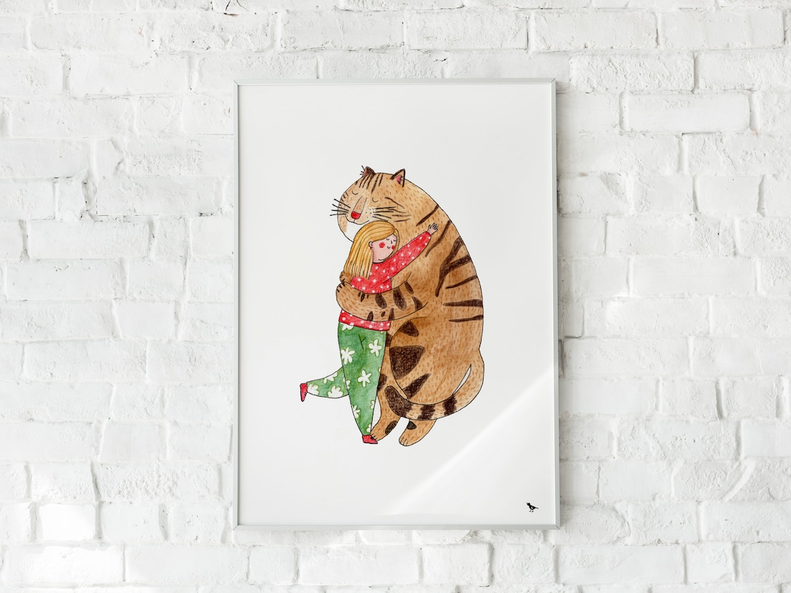 Girl Hugging a Giant Striped Cat Sweet Funny Cat Lover Illustration Poster