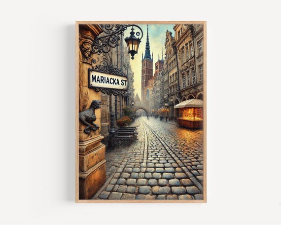 Mariacka Street Wall Art Print Poland Travel Poster European Cityscape Illustration Housewarming Polish Gift Decor