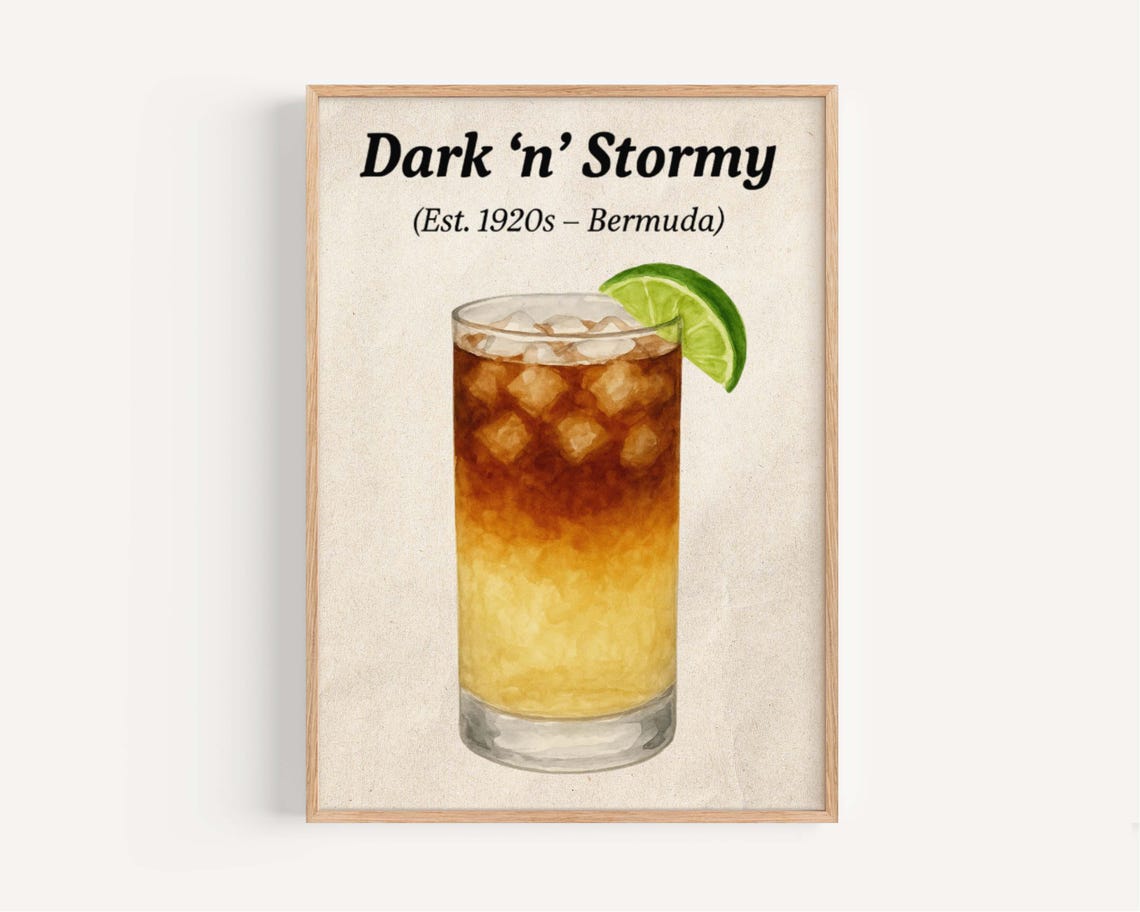 Dark and Stormy Classic Lime Cocktail Watercolor Bermuda Bar Poster