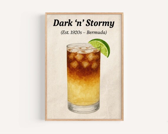 Dark and Stormy Classic Lime Cocktail Watercolor Bermuda Bar Poster