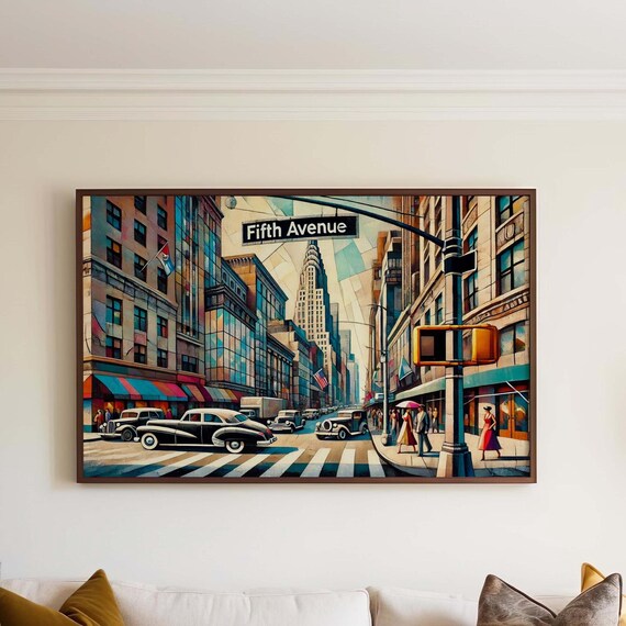 Fifth Avenue Manhattan Cubist Style Vintage New York City Art Poster