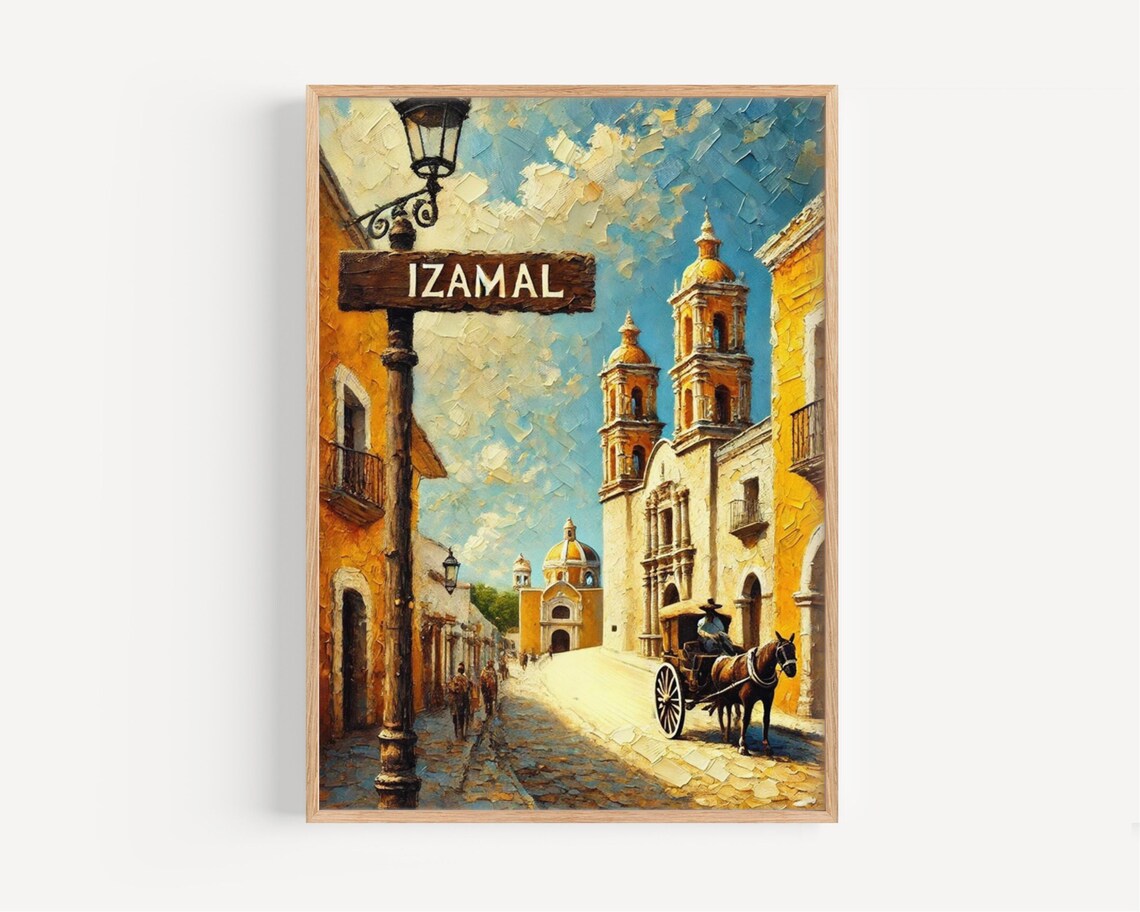 Izamal Mexico Yellow Colonial Street Church Horse Cart Painting Poster