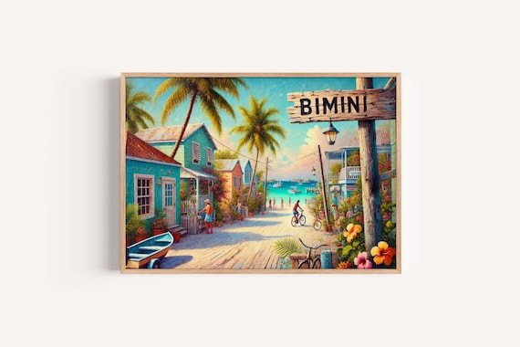 Bimini Island Wall Art Caribbean Beach Scene Coastal Print Bahamas Map Tropical Decor Nautical Travel Poster