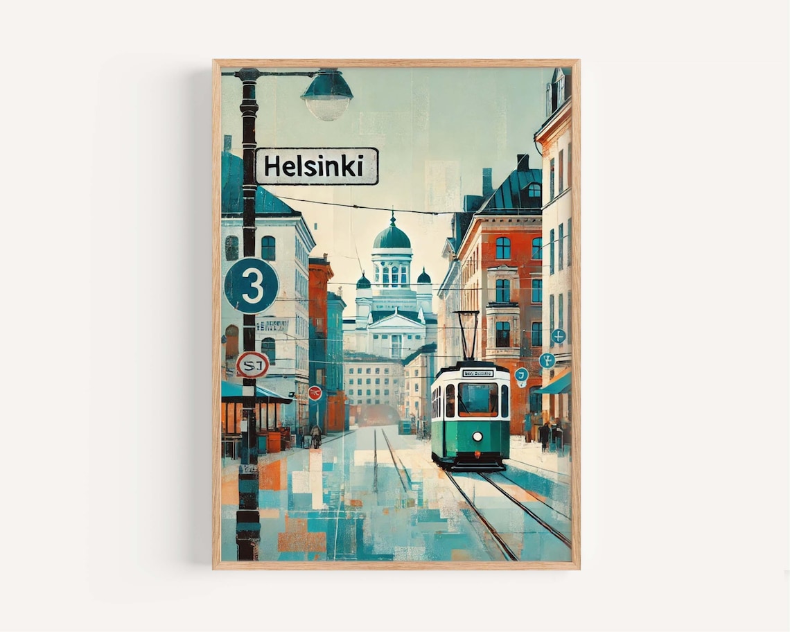 Helsinki Street Scene Travel Poster, Finland