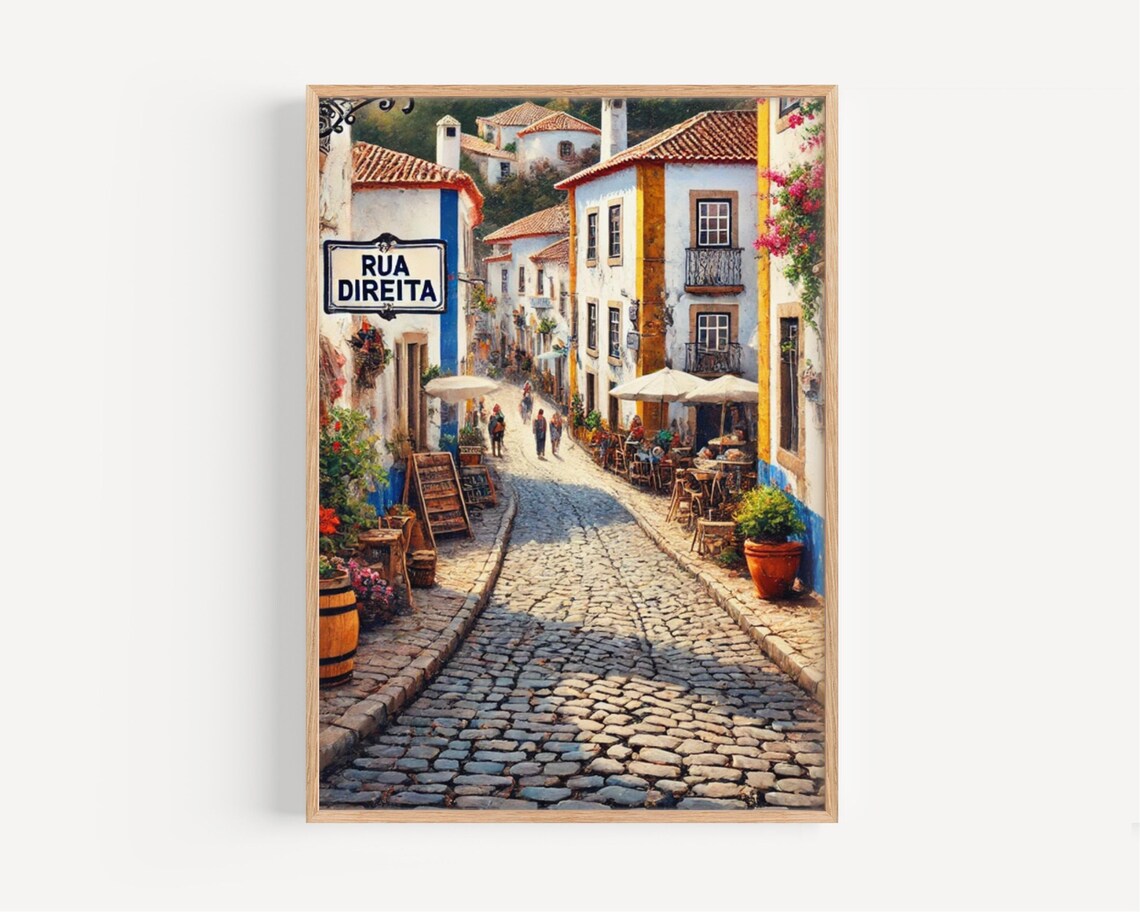 Rua Direita Portugal Cobblestone Village Street Painting Poster