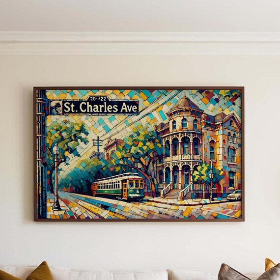 St Charles Avenue New Orleans Cubism Poster With Streetcar Street Scene