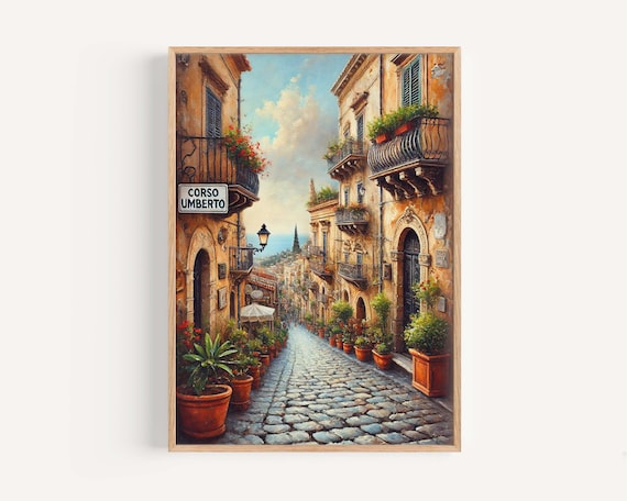 Sicily Taormina Street Scene, Italy Travel Poster