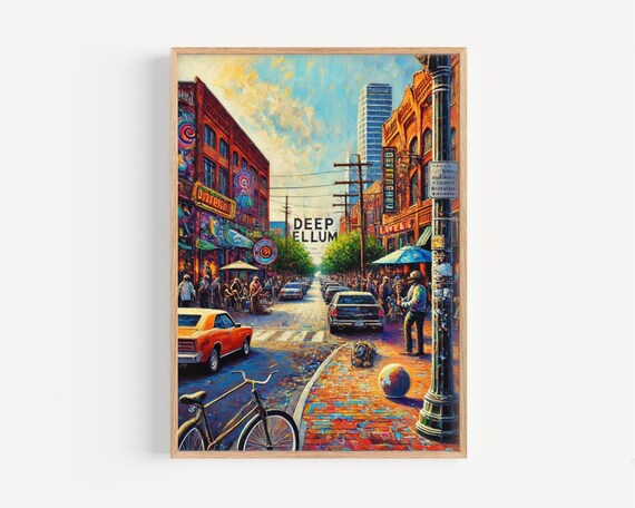Deep Ellum Dallas Street Scene Mural Crowd Colorful Oil Painting Poster