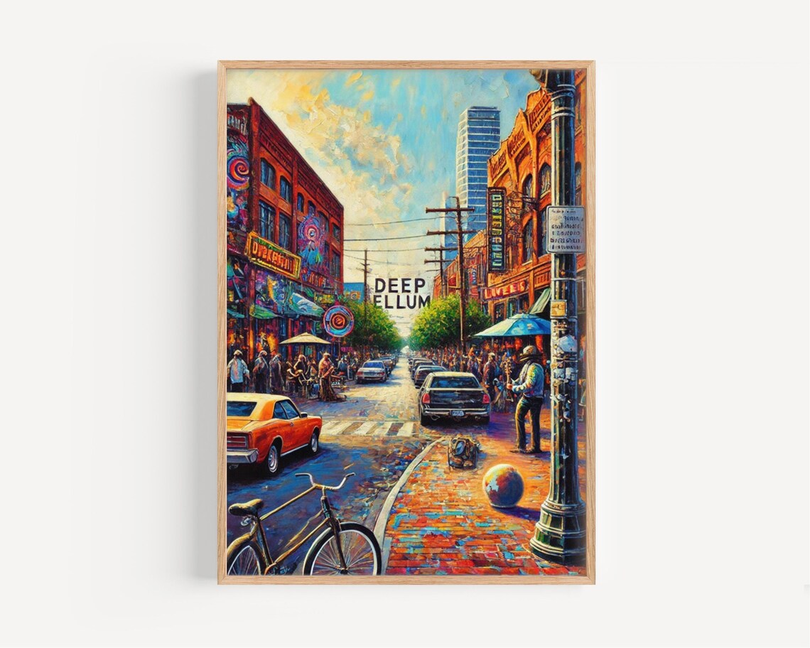 Deep Ellum Dallas Street Scene Mural Crowd Colorful Oil Painting Poster