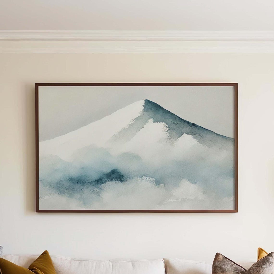 Mountain Peak Rising Above Soft Clouds Blue Watercolor Art Print