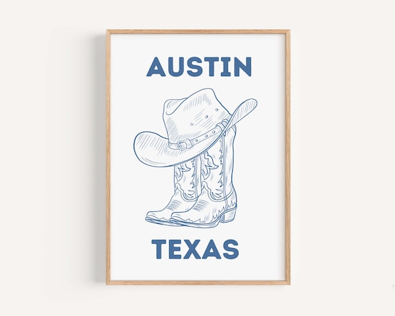 Austin Texas Western Cowboy Boots and Hat Blue Line Art Poster