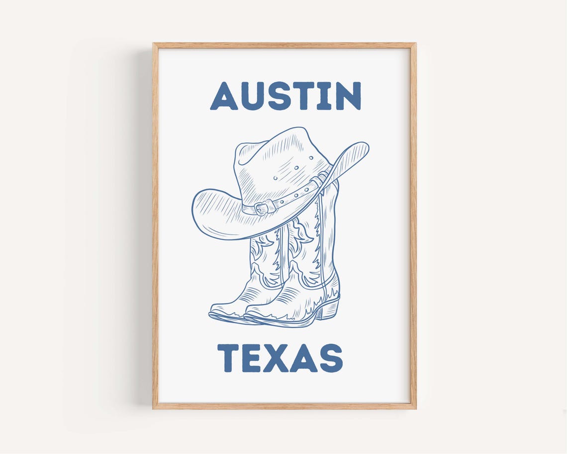 Austin Texas Western Cowboy Boots and Hat Blue Line Art Poster