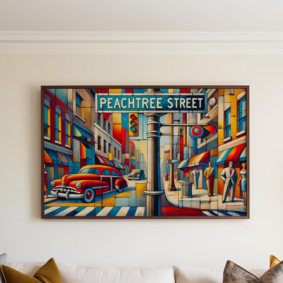 Peachtree Street Retro Vintage Red Car Cubist City Scene Poster