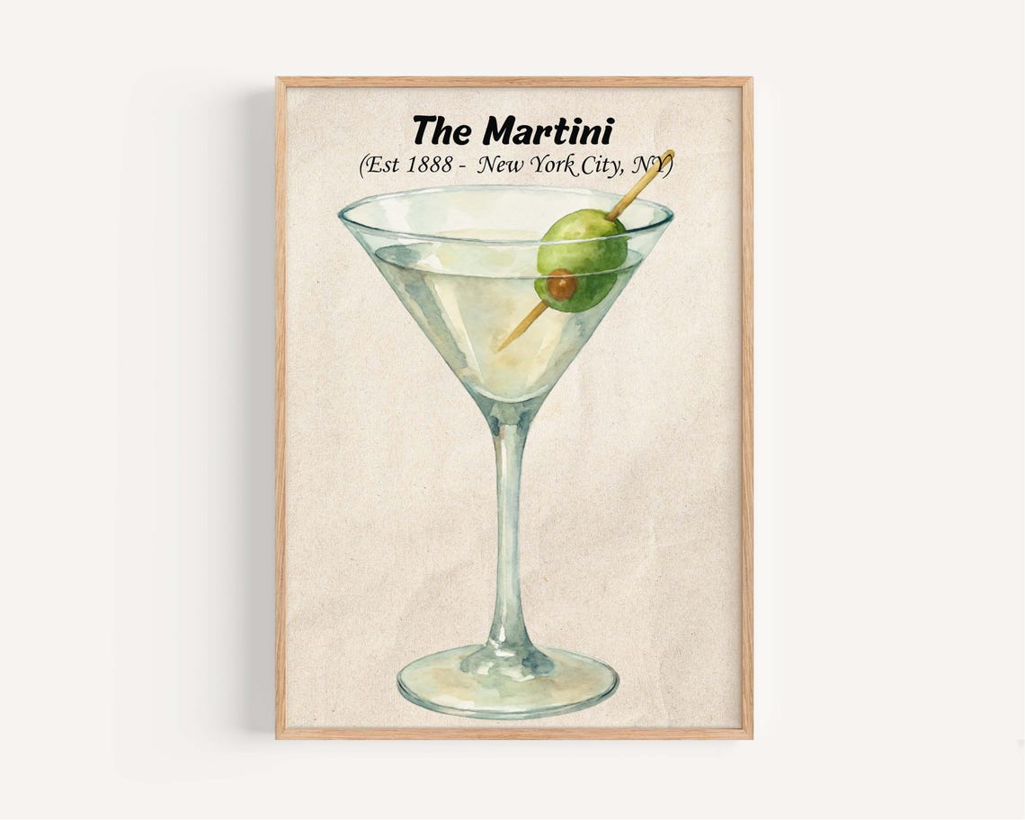 The Martini Cocktail Watercolor Classic Olive New York Drink Poster