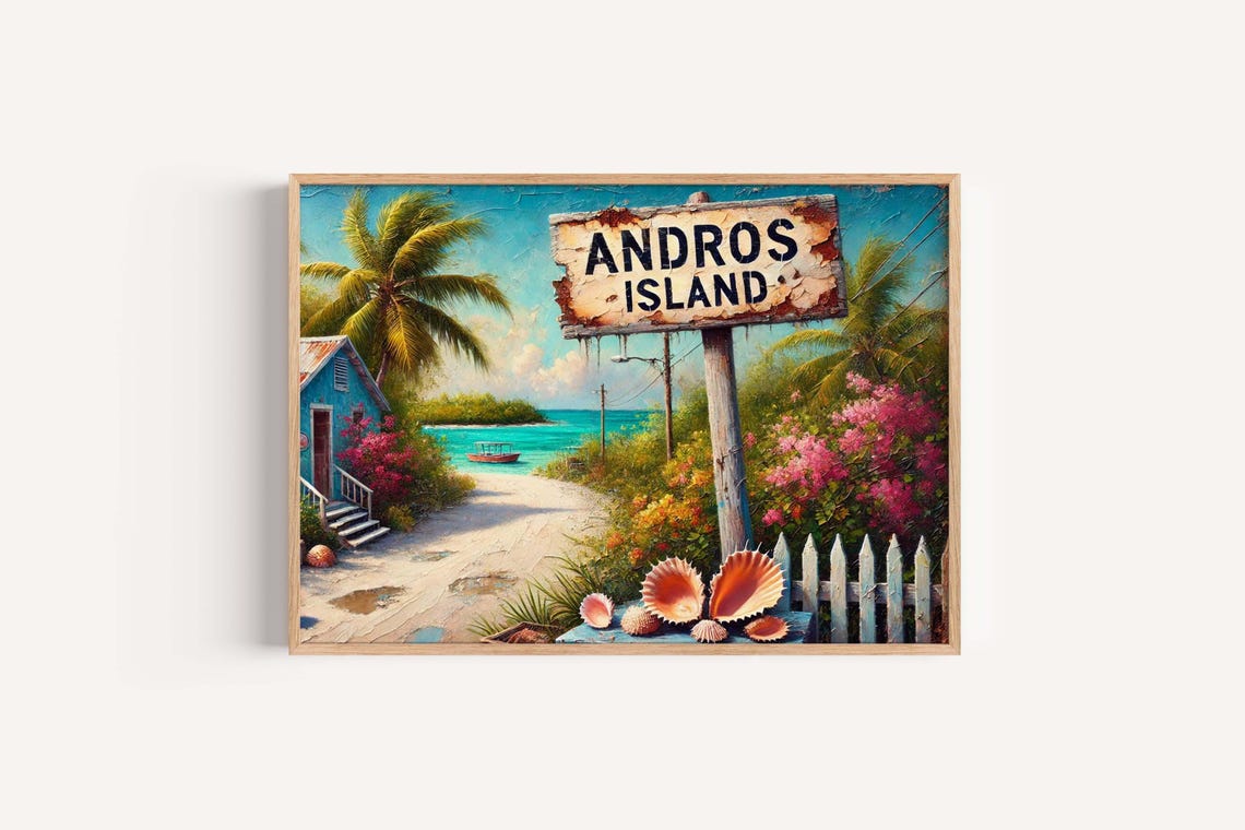 Andros Island Bahamas Tropical Beach Cottage Sign Coastal Scene Poster