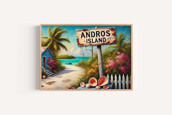 Andros Island Bahamas Art Coastal Beach Wall Decor Tropical Ocean Map Print Caribbean Poster Nautical