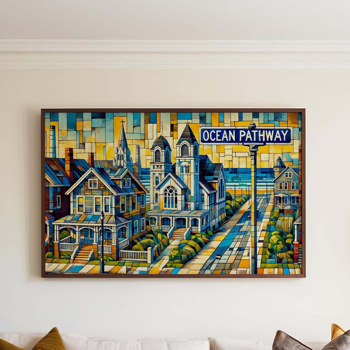Ocean Pathway Cubist Seaside Town Street with Churches Poster