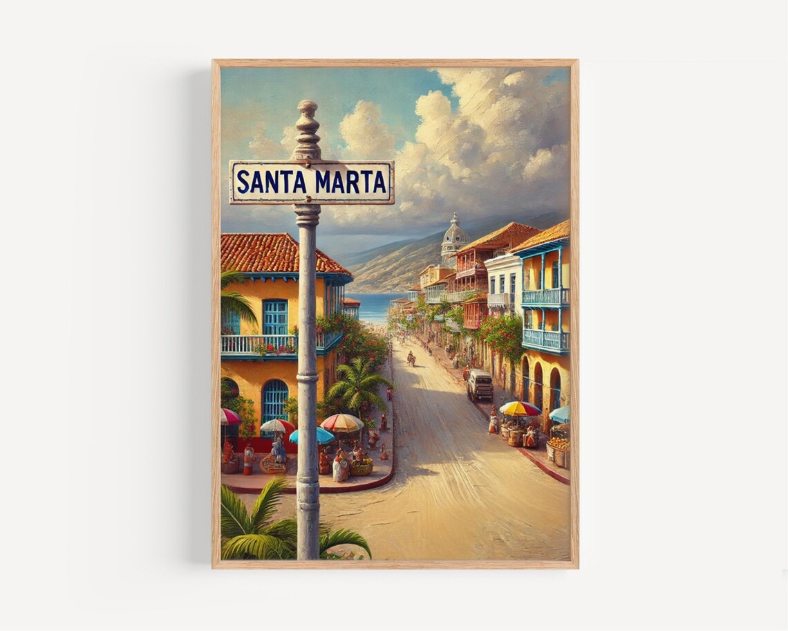 Santa Marta Colombia Colonial Street Scene Vintage Travel Poster