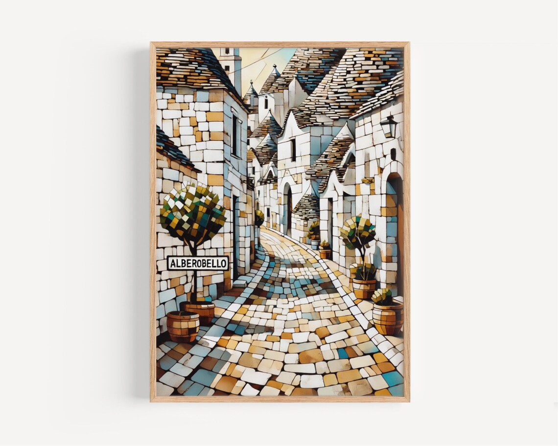 Alberobello Italy Trulli Stone Lane Mosaic Vintage Travel Poster Art