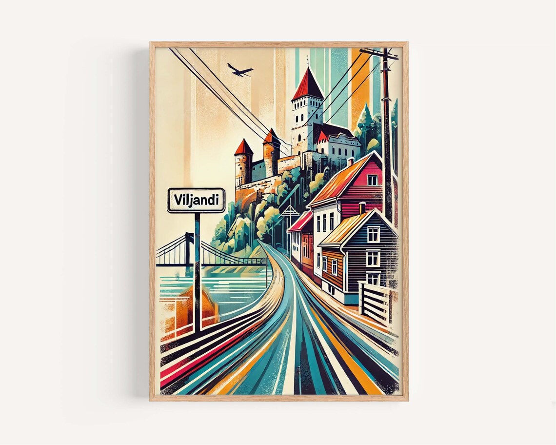 Viljandi Estonia Castle Street Retro Travel Illustration Poster