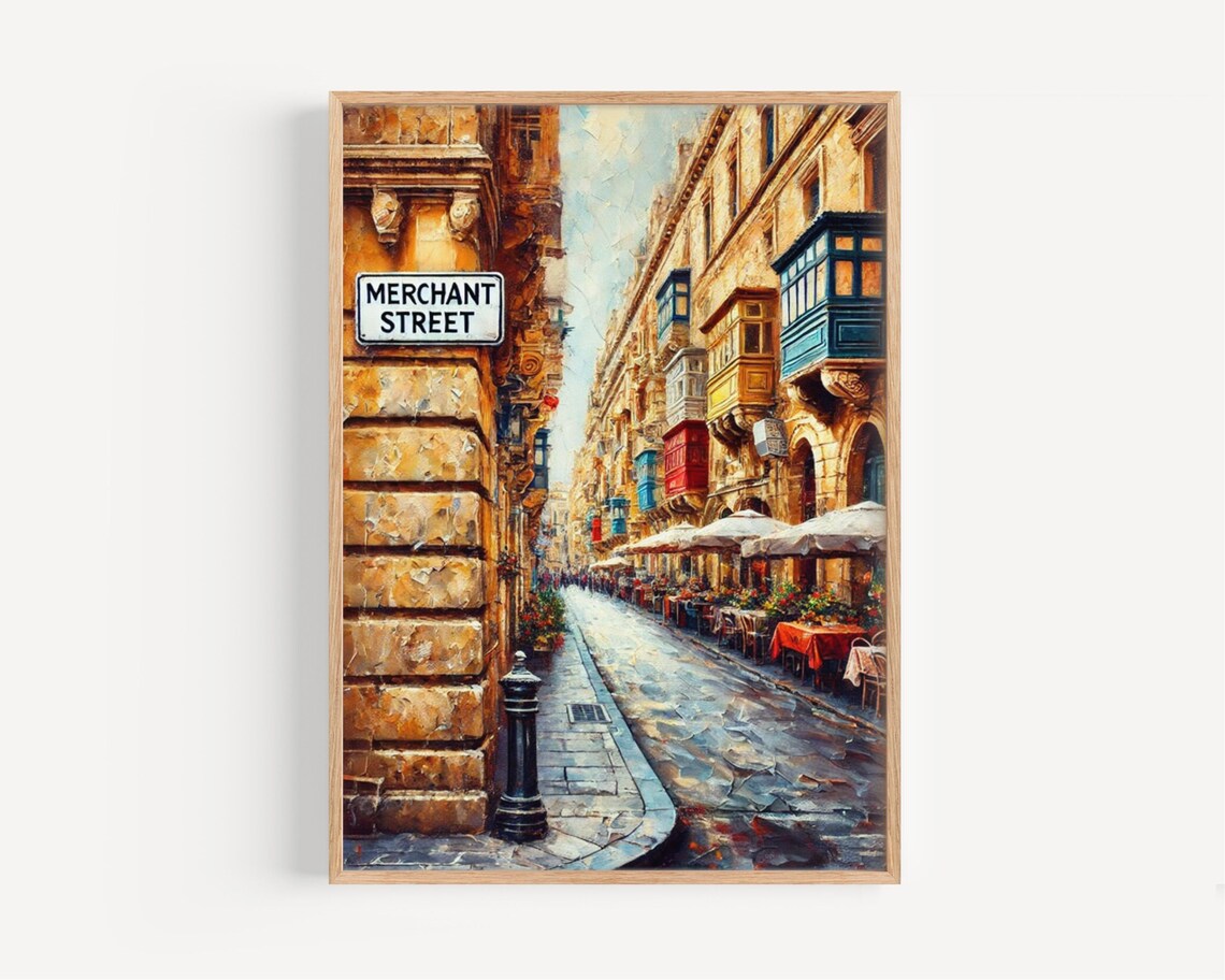 Merchant Street Malta Oil Painting Cobbled Old Town Cafe Lane Poster