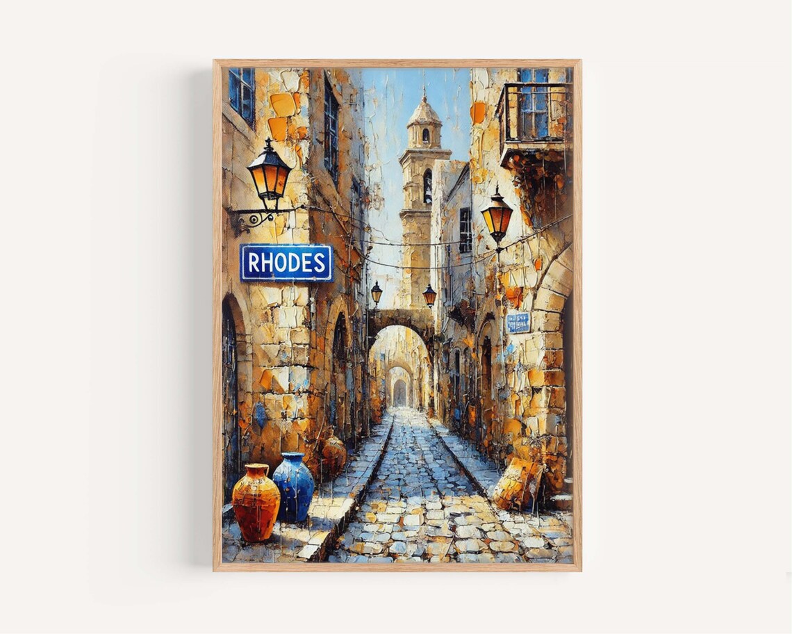 Rhodes Greece Old Town Cobblestone Alley Bell Tower Painting Poster