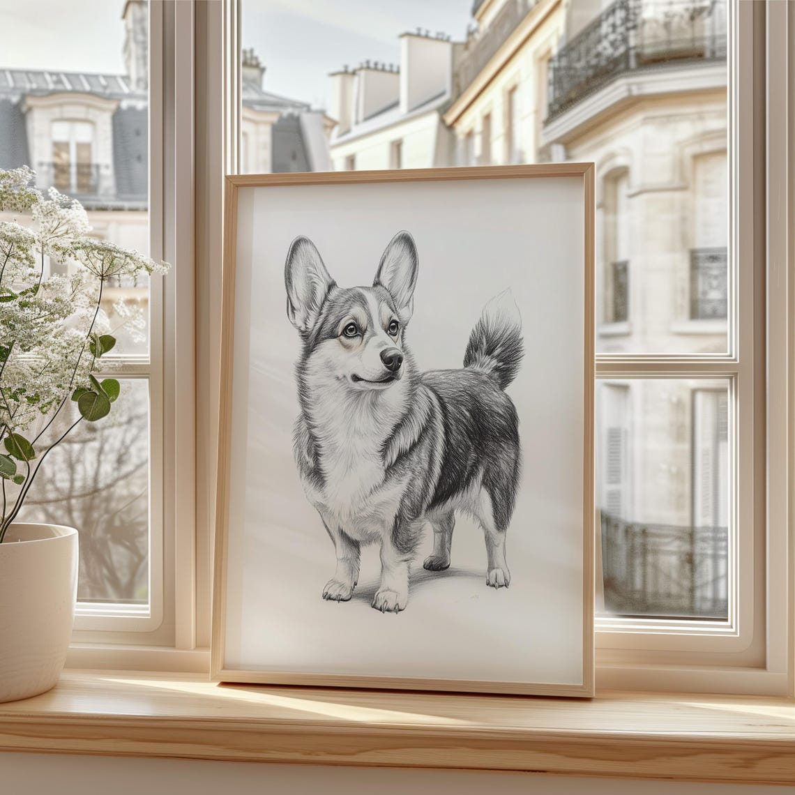 Corgi Dog Pencil Sketch Portrait Pet Lover Minimalist Poster