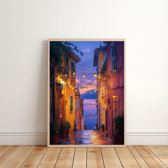 Mediterranean Fishing Village At Dusk Street Scene Modern Wall Decor Art E1054