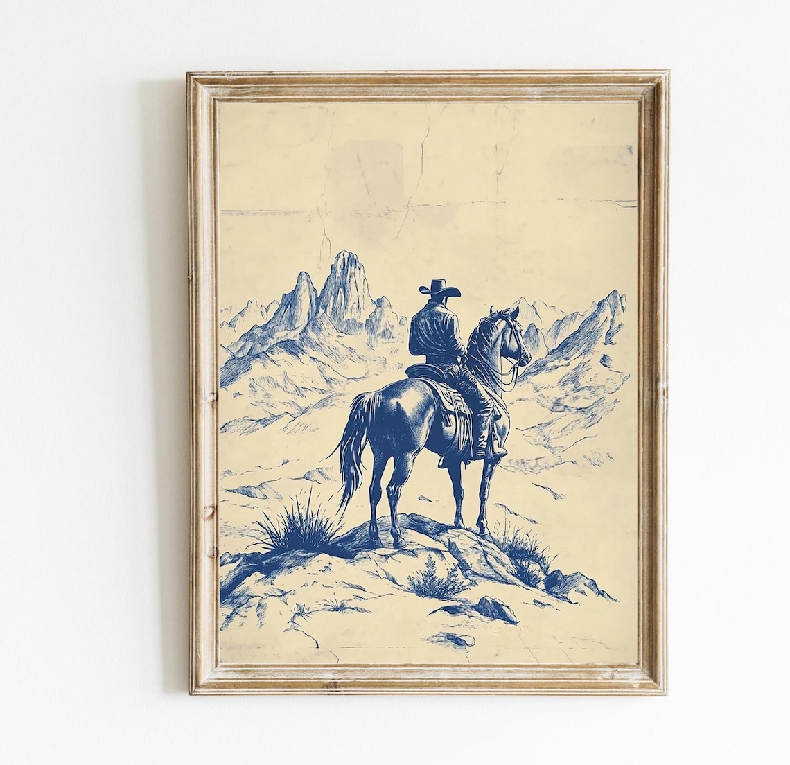 Western Chinoiserie Blue Cowboy Horse Art Print