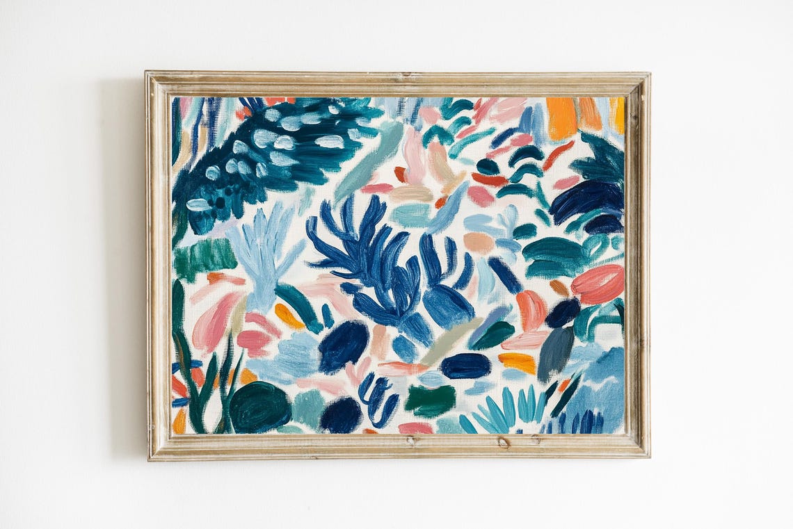 Whimsical Teal and Coral Abstract Botanical Brushstroke Leaf Poster