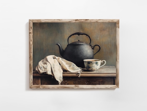 Black Kettle And Floral Cup Still Life Rustic Farmhouse Warm Tone Art Poster