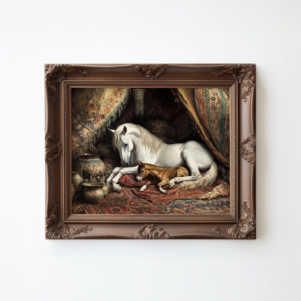 White Arabian Mare with Foal in Tent Classic Equestrian Art Poster