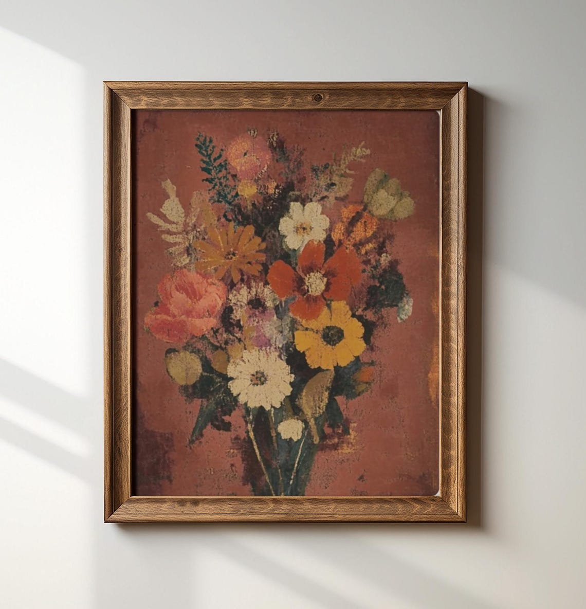 Vintage Floral Bouquet Oil Painting on Rust Red Botanical Art Print