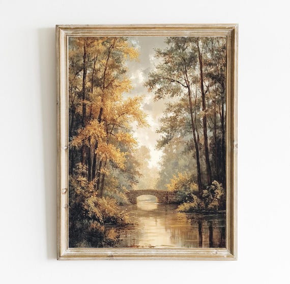 Fall Landscape Print Moody Vintage Countryside Trees Rustic Cottage Decor Farmhouse Oil E591