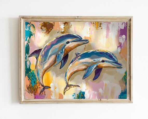 Two Leaping Dolphins Warm Abstract Ocean Coastal Beach Print