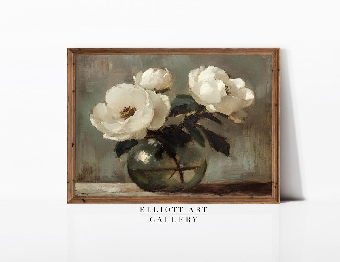 White Peonies in Glass Vase Neutral Vintage Floral Art Print